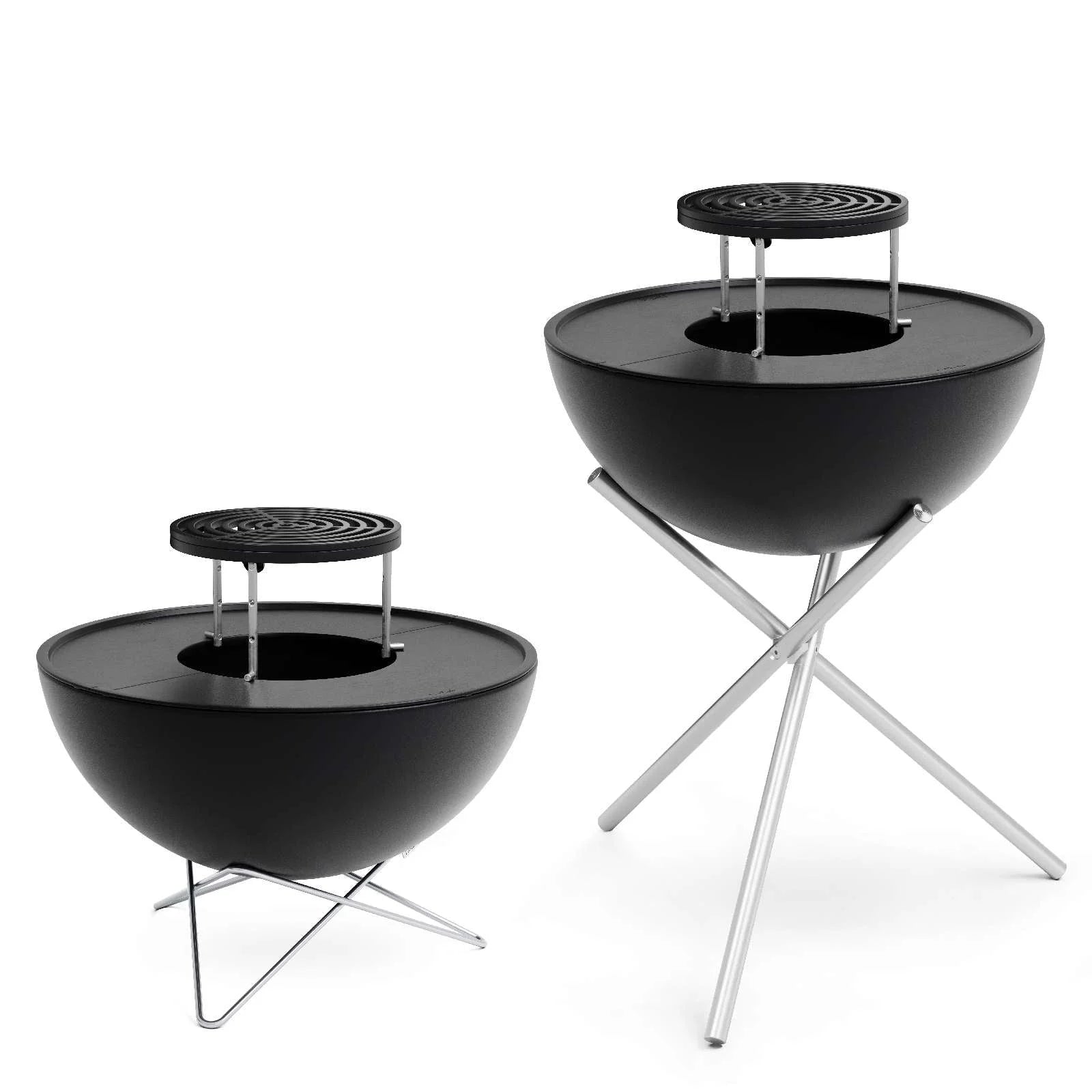 Barbecue grill en forme de bol noir avec des pieds en métal et une grille de cuisson circulaire, conçu pour un usage extérieur.