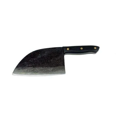 Couteau de chef noir et argent avec manche en bois, probablement d’une marque japonaise.