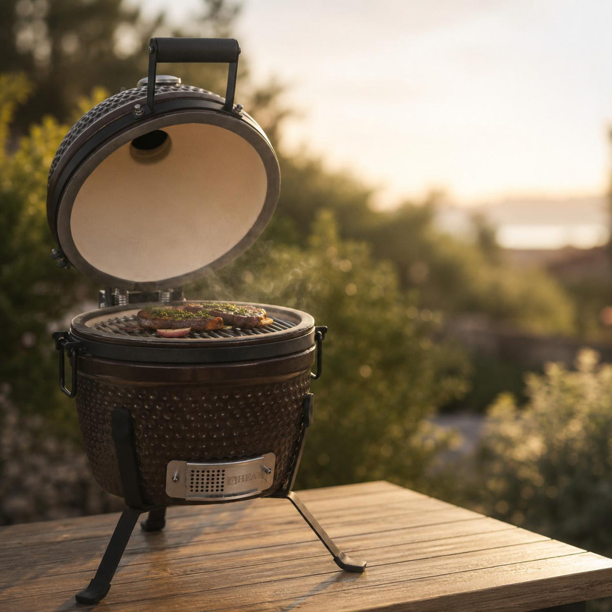 Barbecue kamado céramique 13 pouces brun – HEAT Fyregg — en situation extérieure, vue 5