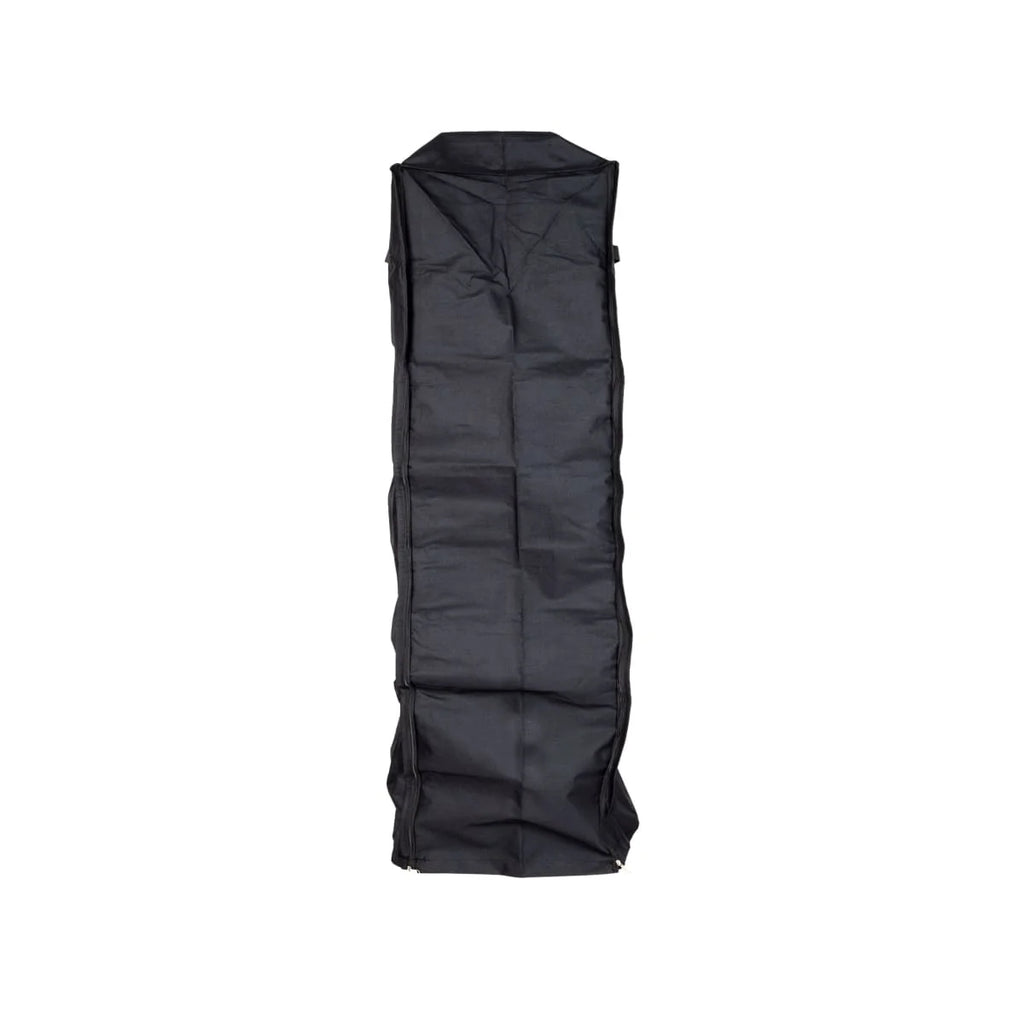 Sac pour vêtements en tissu noir avec fermeture éclair et coutures renforcées.