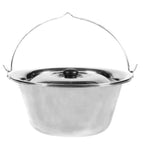 Pot en acier inoxydable avec couvercle et poignée, couleur argent.