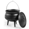 Chaudron en fonte avec couvercle, couleur noire et trois pieds.