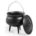 Chaudron en fonte avec couvercle, couleur noire et trois pieds.