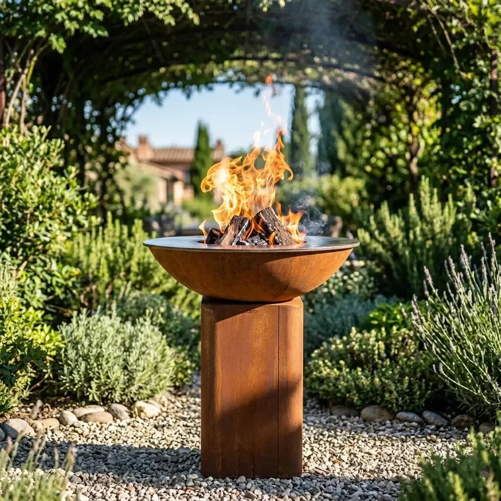 Pack brasero Corten Ø84 cm CURVO M en acier corten avec flammes
