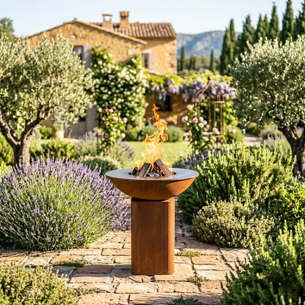 Pack brasero Corten Ø84 cm CURVO M en acier corten avec feu actif