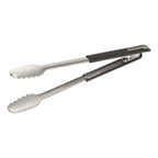 Pince en acier inoxydable avec poignées noires et embouts en silicone, conçue pour un usage en cuisine.