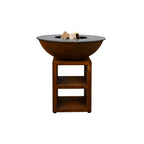 Bol en cuivre rouillé de couleur cuivrée avec un couvercle en pierre noire, reposant sur un support en bois assorti.