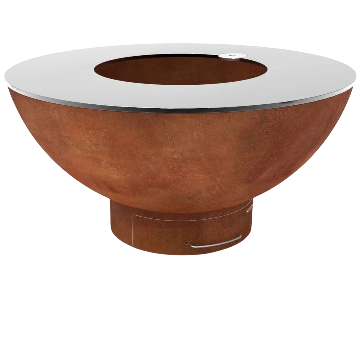 Foyer de feu en bol en terre cuite avec dessus en verre et base métallique.