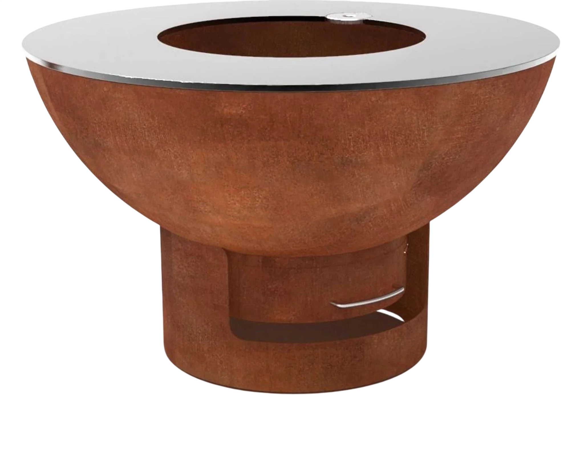 Foyer de feu en cuivre moderne avec dessus en verre et pieds en acier inoxydable.