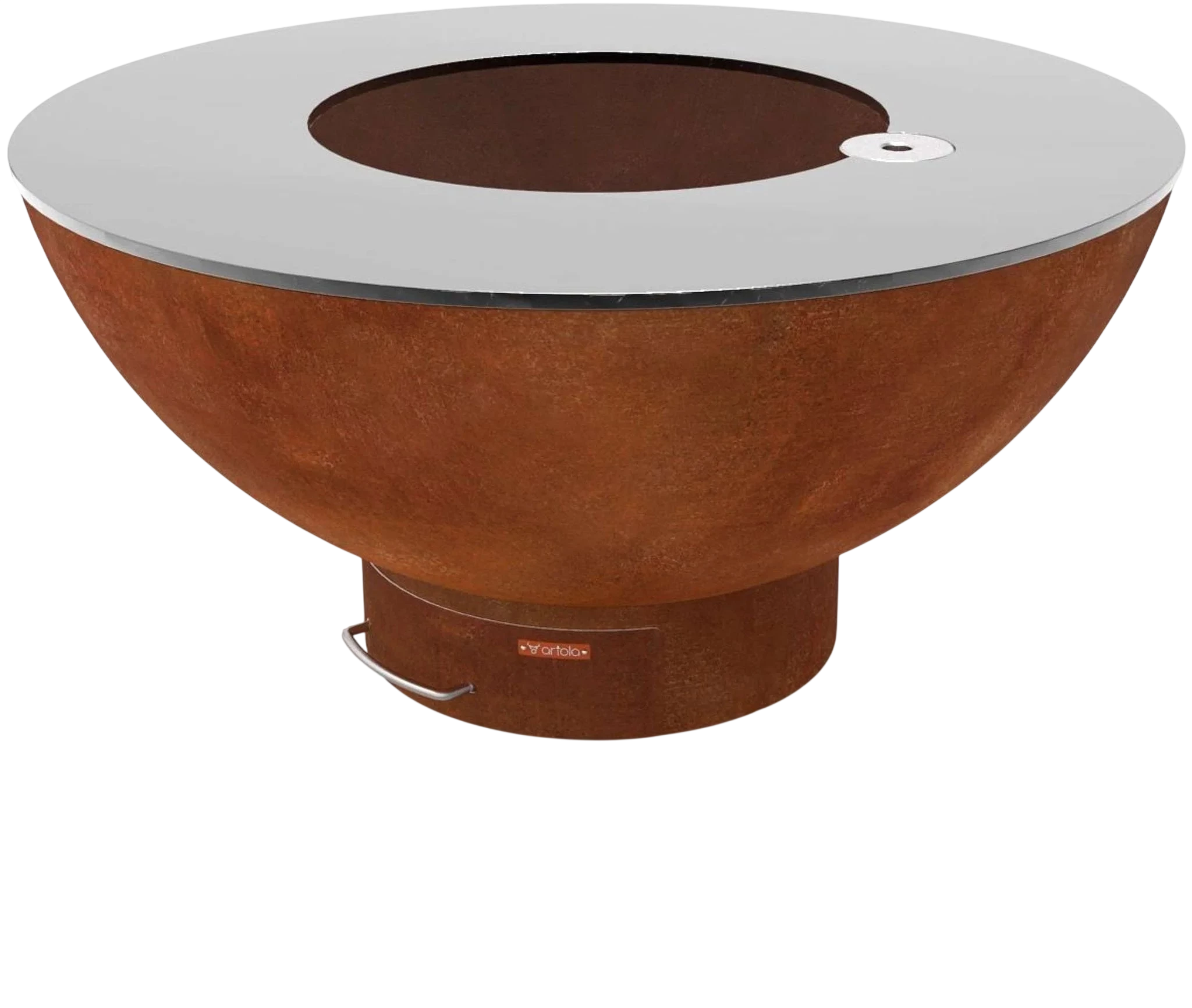 Foyer de feu en terre cuite avec accents métalliques et design moderne.