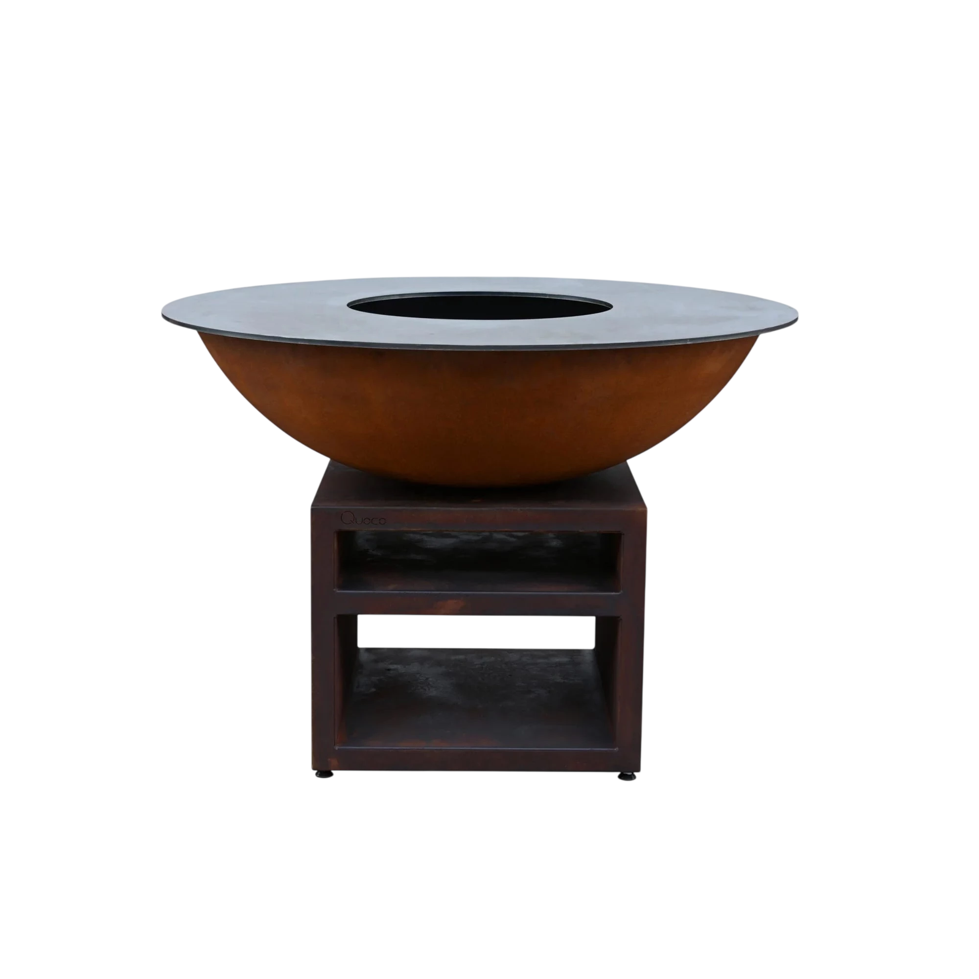 Bol en acier rouille avec un dessus gris plat et un support de base brun foncé.
