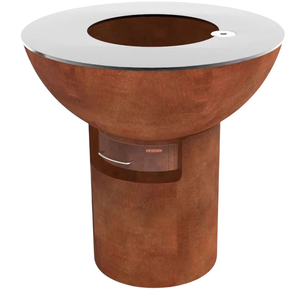 Foyer d’extérieur de couleur terracotta avec un plateau en verre et une base en métal.