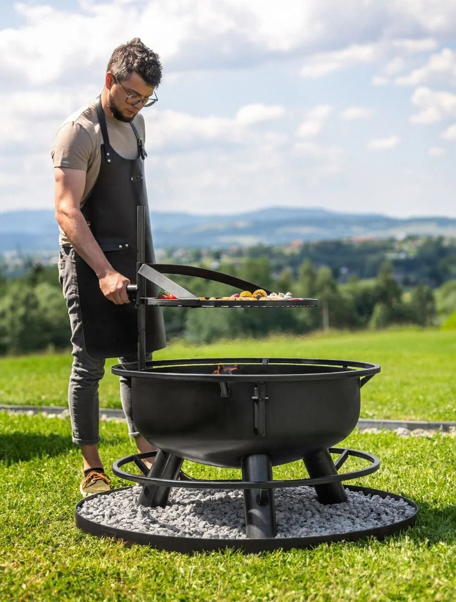 Brasero acier naturel rond avec bras pivotant réglable