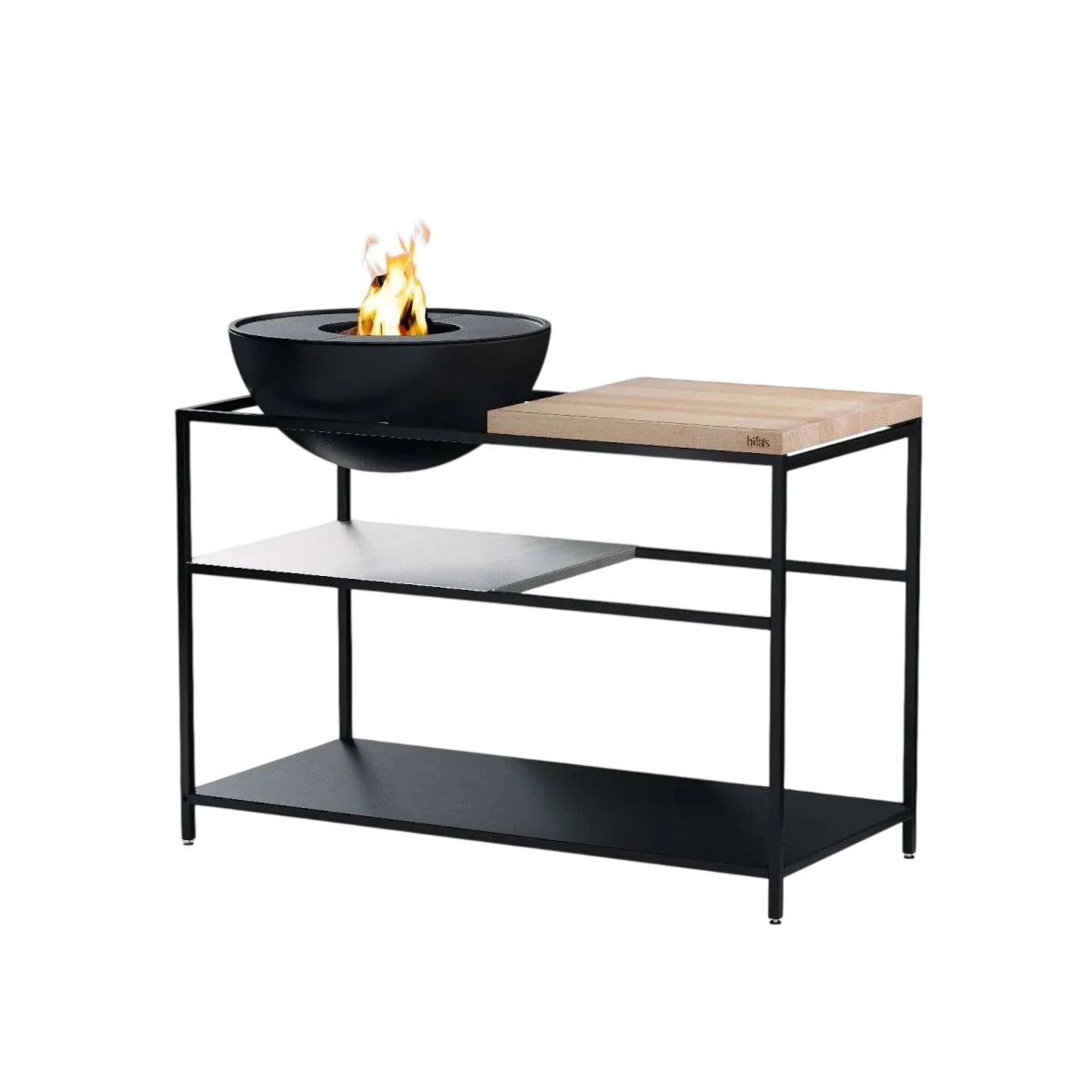 Table de foyer en métal noir et bois avec feu, design moderne, esthétique minimaliste.
