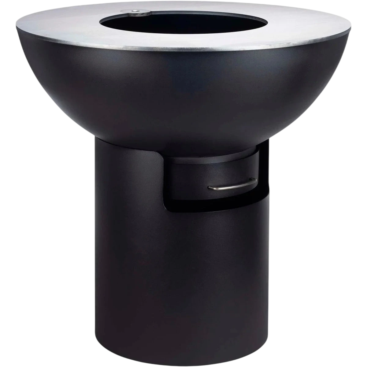 Pédestal mat noir avec bol supérieur à bordure argentée, design moderne.