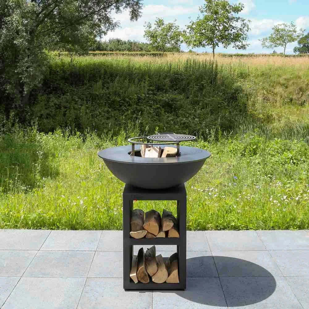 Bol en fonte noire pour feu avec support de rangement pour bois intégré