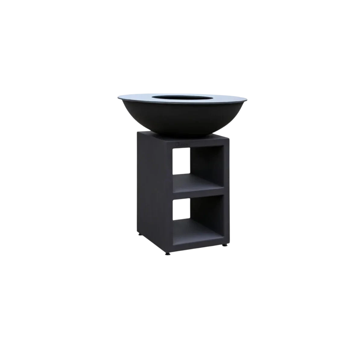 Foyer de feu noir en forme de bol avec un dessus plat circulaire et deux étagères ouvertes en dessous.