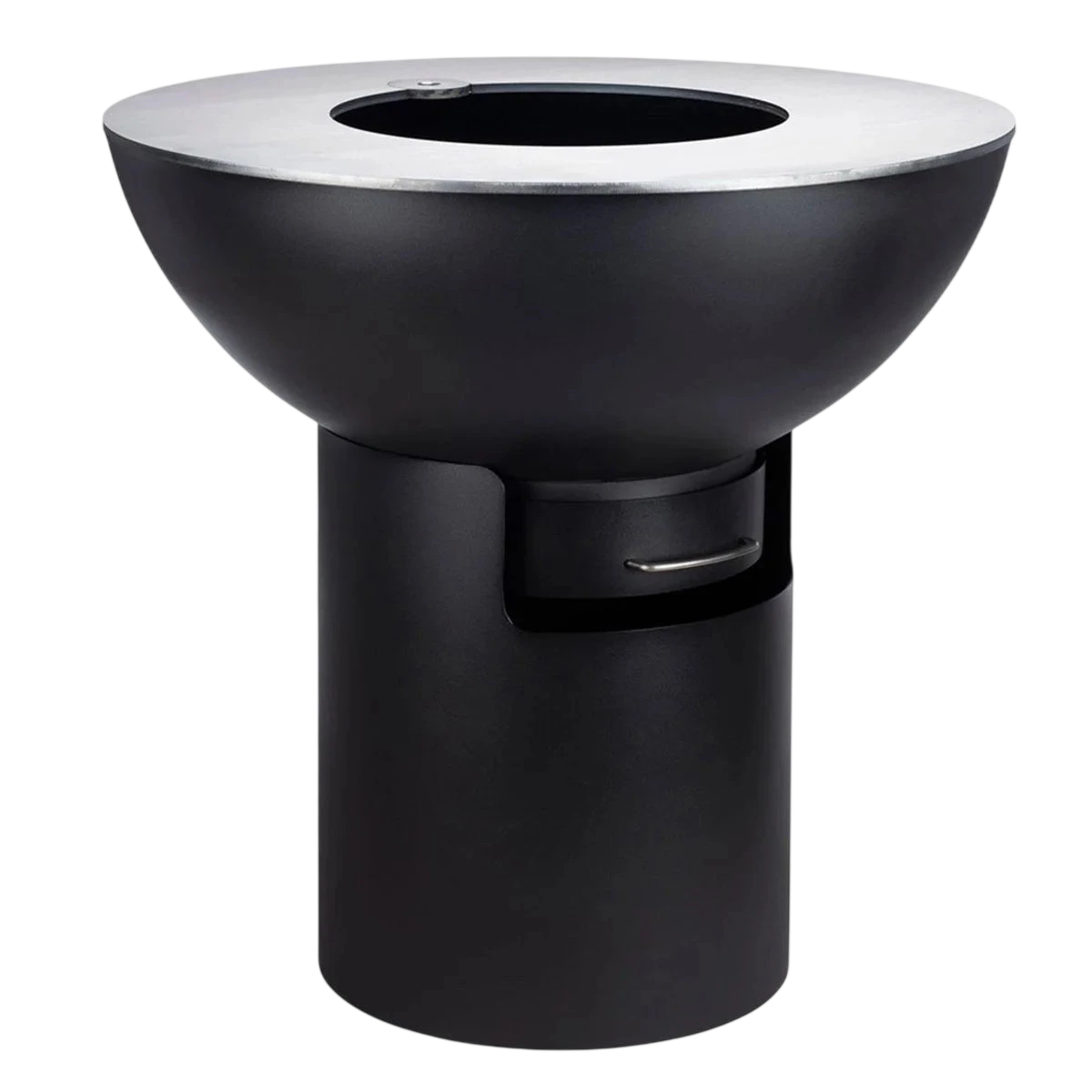 Pédestal mat noir avec bol supérieur à bord argenté, design moderne.