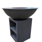 Bol d’un foyer moderne noir mat avec un design circulaire élégant et peu profond et une base de rangement intégrée.