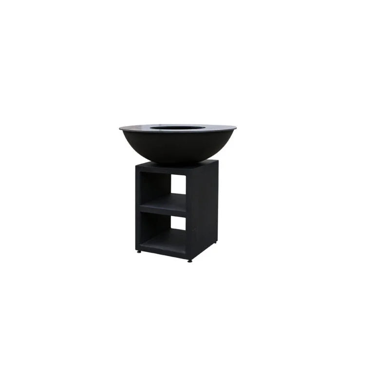 Foyer de feu extérieur noir et moderne avec un design de bol élégant et un support minimaliste.
