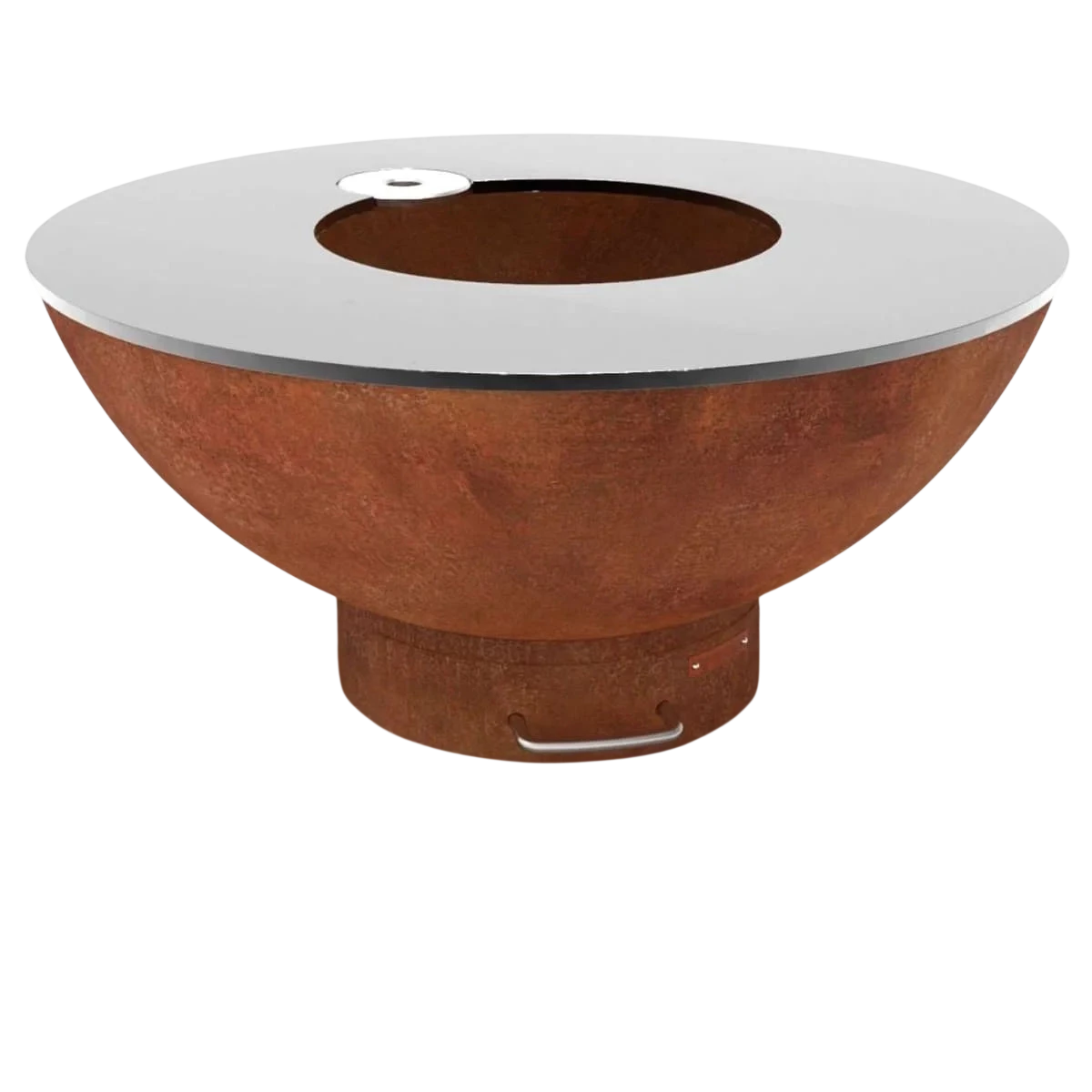 Bol en terre cuite avec couvercle en verre et anses en métal, design moderne.