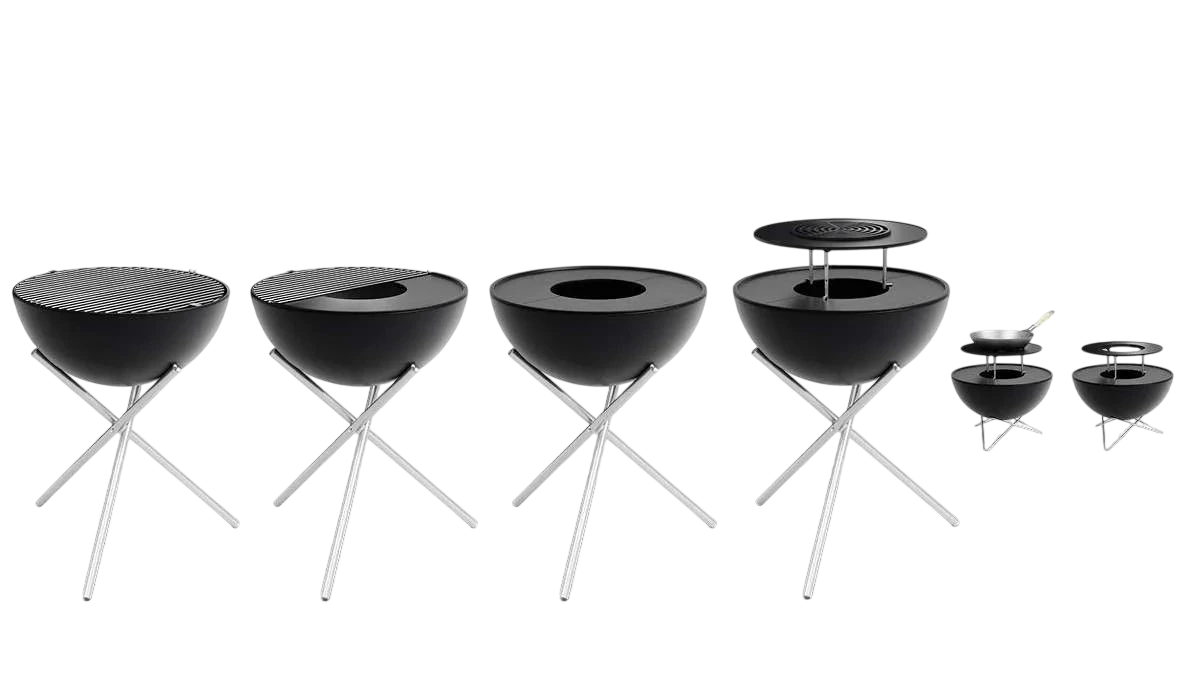 Ensemble de gril barbecue noir et argent avec plusieurs surfaces de cuisson, incluant une grille de saisie.