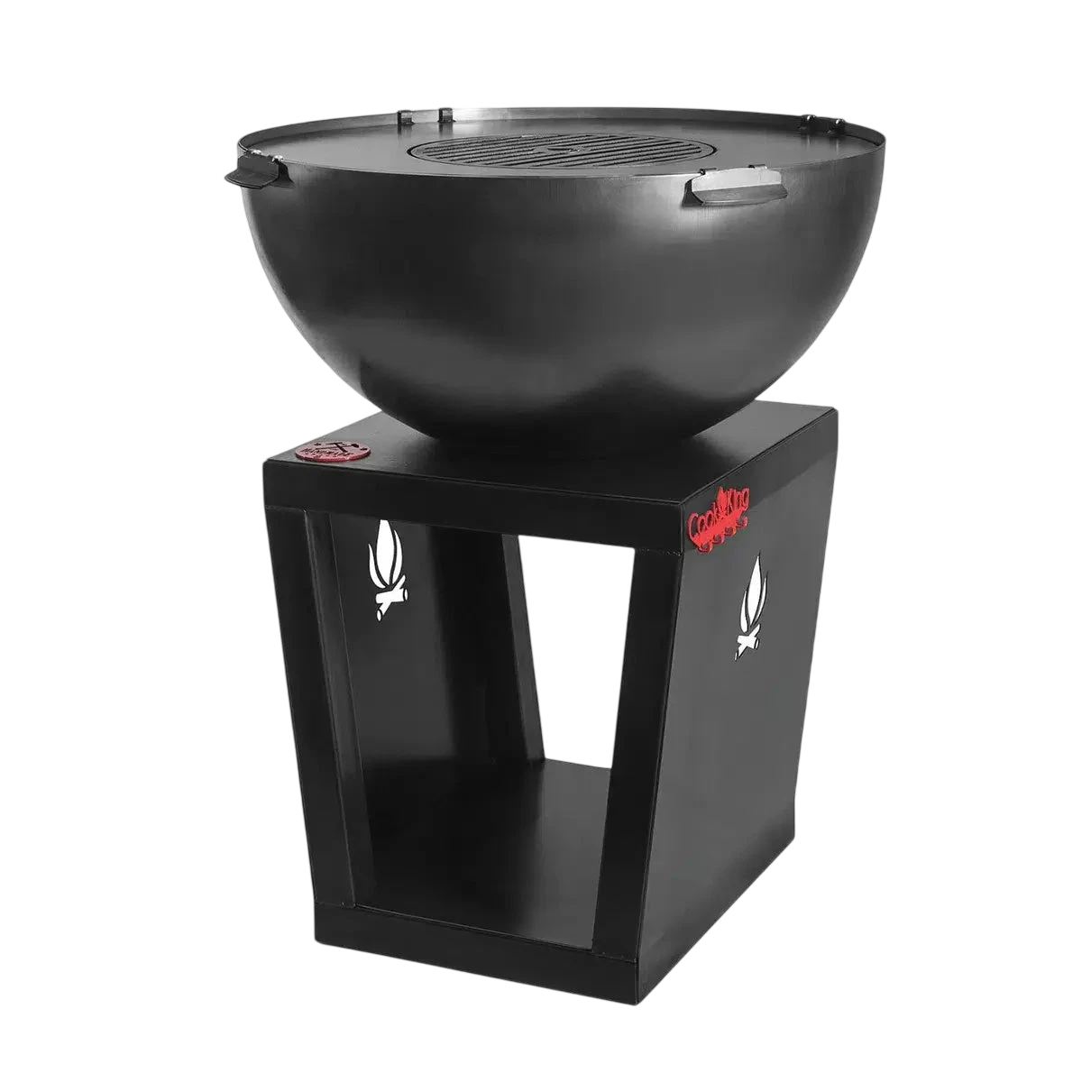 Barbecue au charbon avec un bol noir et un support, arborant un logo de flamme.