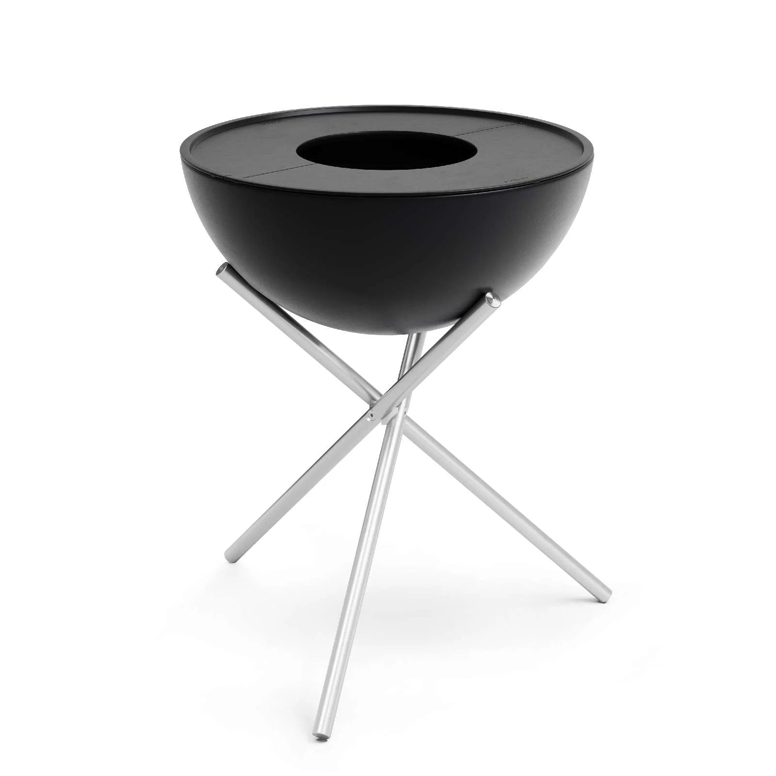 Bol noir sur support trépied en argent, design moderne.