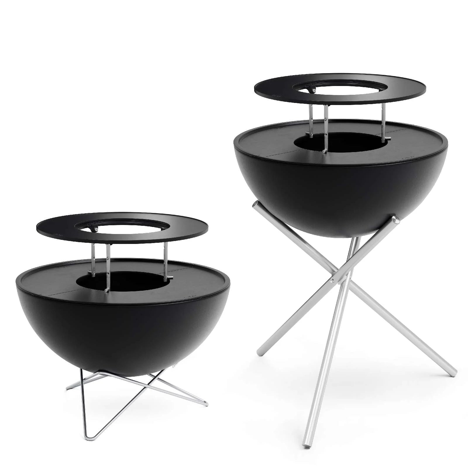 Foyer de feu noir en forme de bol avec un cadre métallique circulaire et des pieds, conçu pour un usage extérieur.