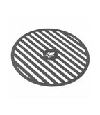 Plateau circulaire noir avec rayures diagonales et motif de feuille au centre, probablement en métal ou en plastique.