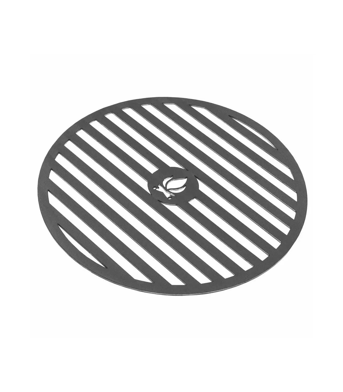 Plateau circulaire noir avec rayures diagonales et motif de feuille au centre, probablement en métal ou en plastique.
