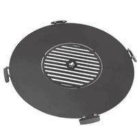 Couvercle de gril rond noir avec design de grille métallique et charnières pour une ouverture facile.