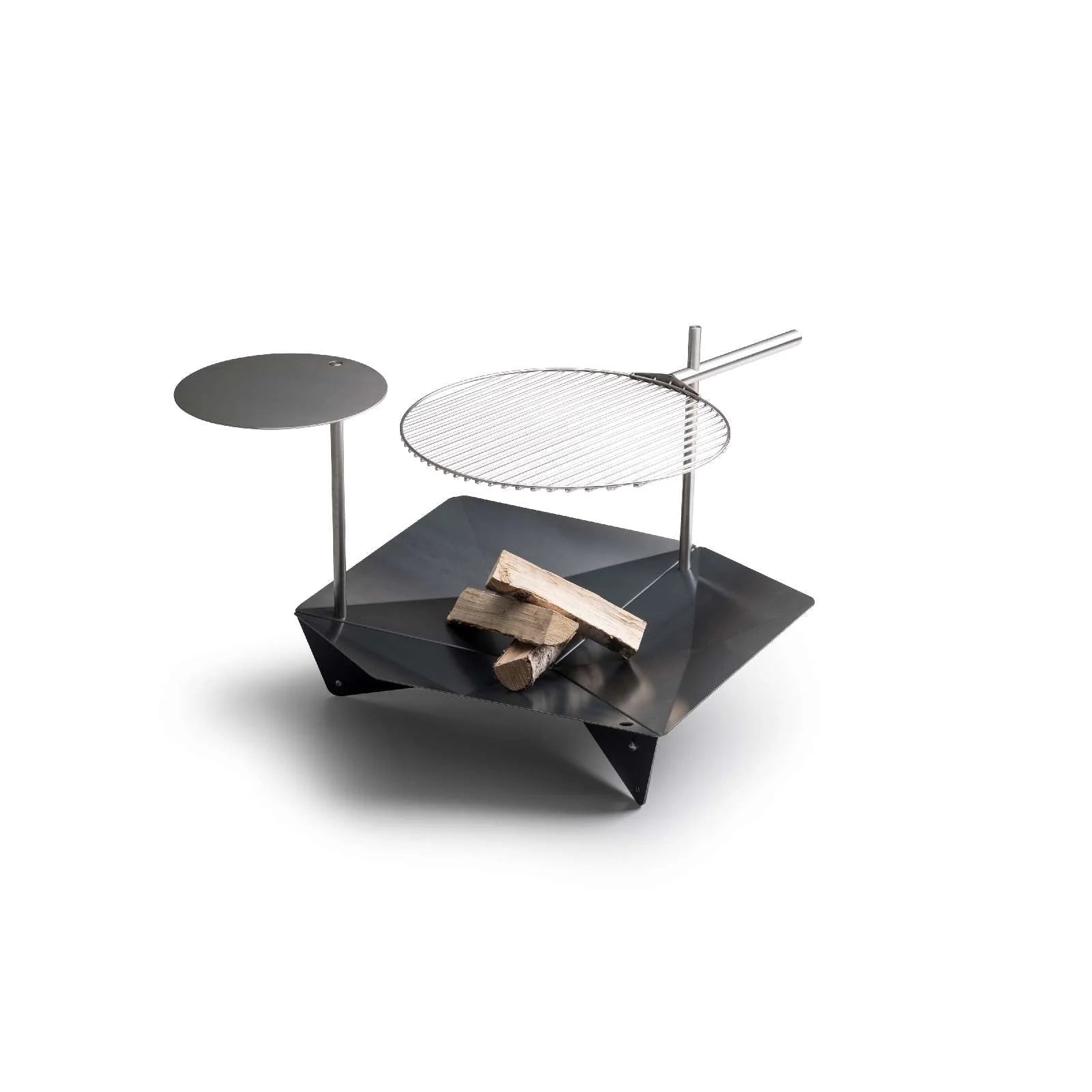 Gril géométrique noir moderne avec surface de cuisson circulaire et table latérale.