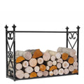Porte-bûches en fer forgé noir avec motifs décoratifs en volutes et pinacles