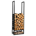 Porte-bûches en métal noir avec bûches empilées et étagère inférieure pour l’allume-feu.
