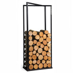 Rangement à bûches en métal noir avec des bûches empilées, design moderne.