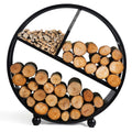 Rangement à bois en métal noir avec trois compartiments, chacun contenant différents types de bois et d’allume-feu.