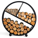 Rangement à bois en métal noir avec trois compartiments, chacun contenant différents types de bois et d’allume-feu.