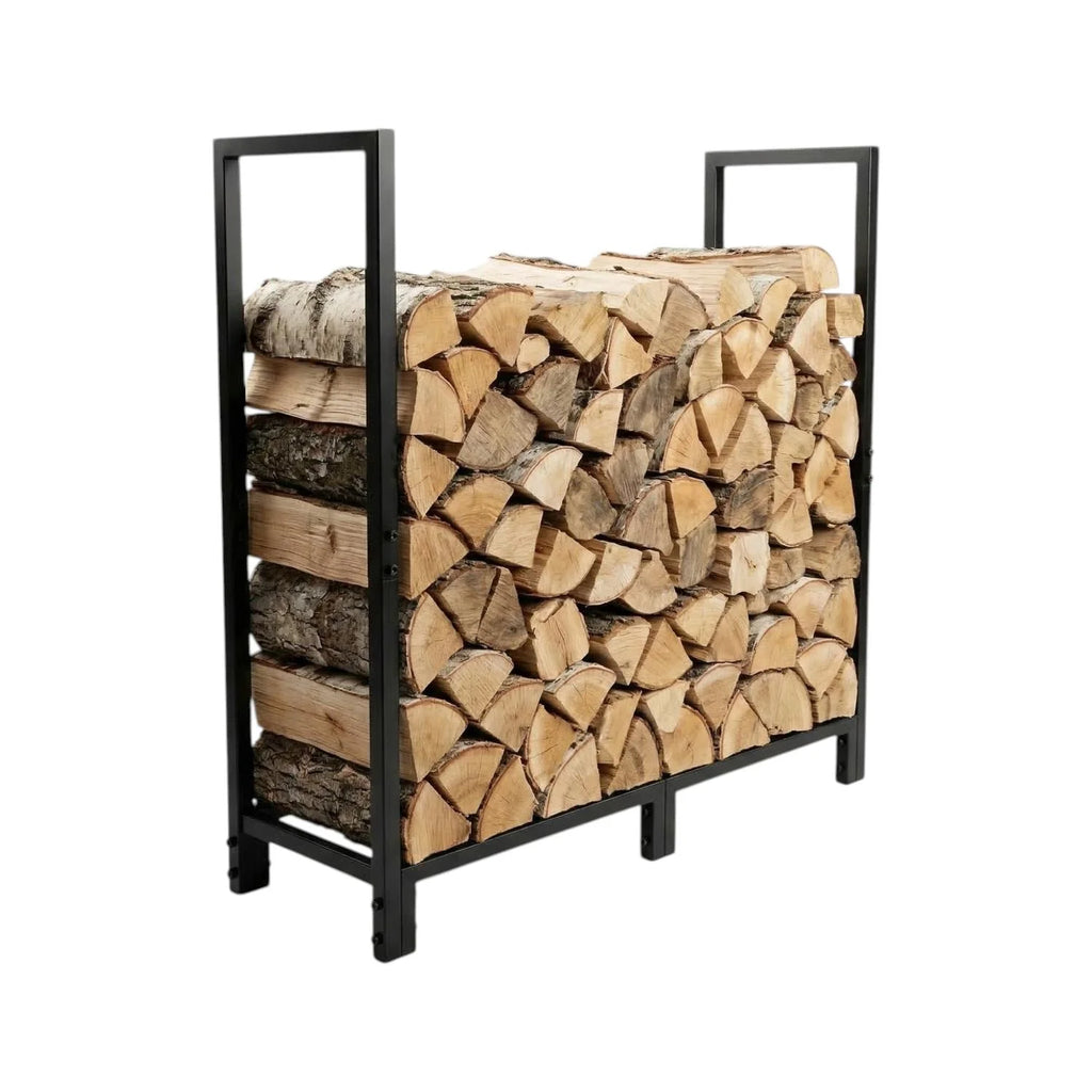 Range-bûches acier noir 122 cm trelopp xl en métal noir tenant des bûches empilées aux tons naturels variés