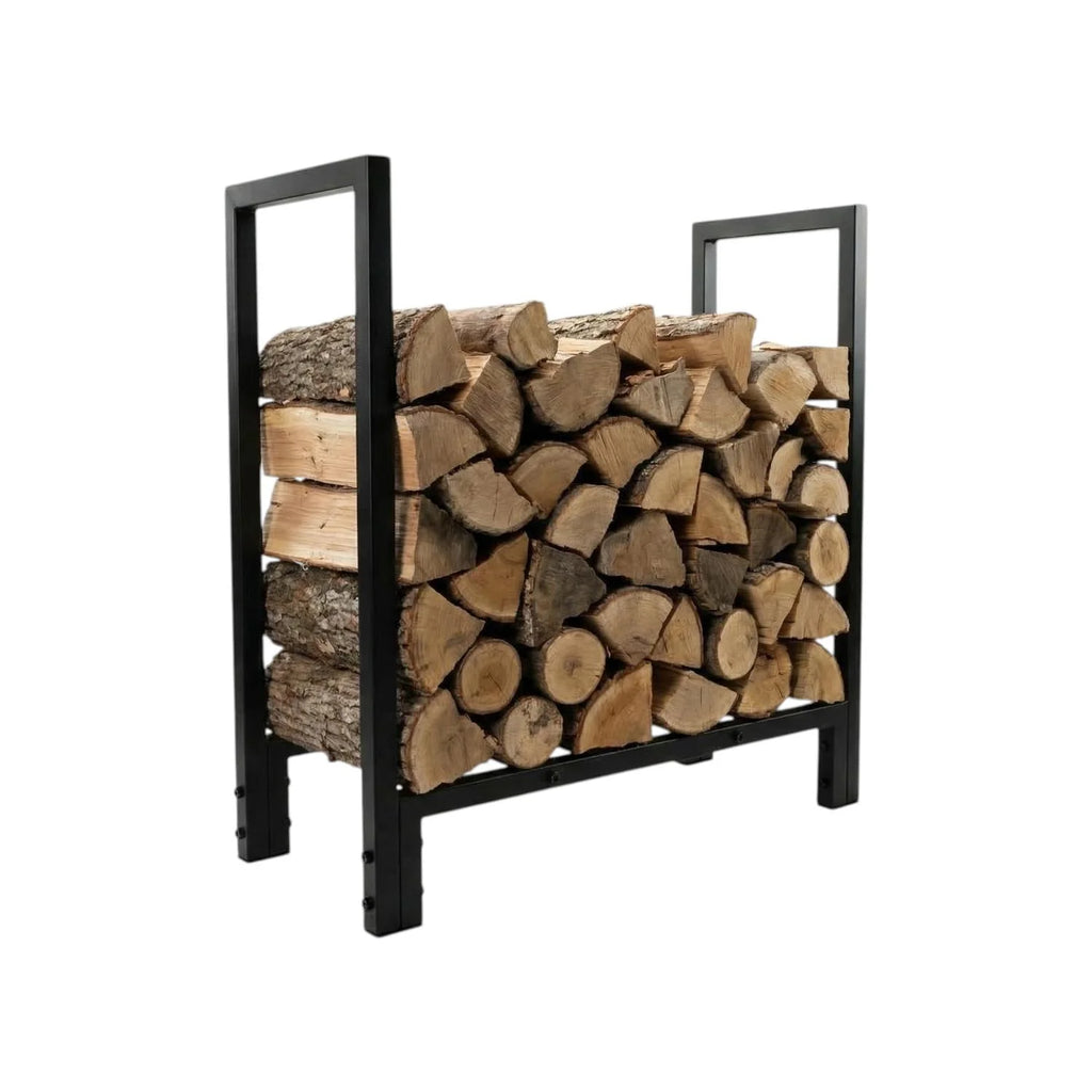 Range-bûches en acier noir 71 cm style épuré trelopp avec bûches empilées soigneusement sur un rack métallique noir