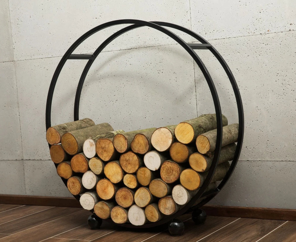Porte-bûches en fer forgé noir avec design circulaire et pieds sphériques