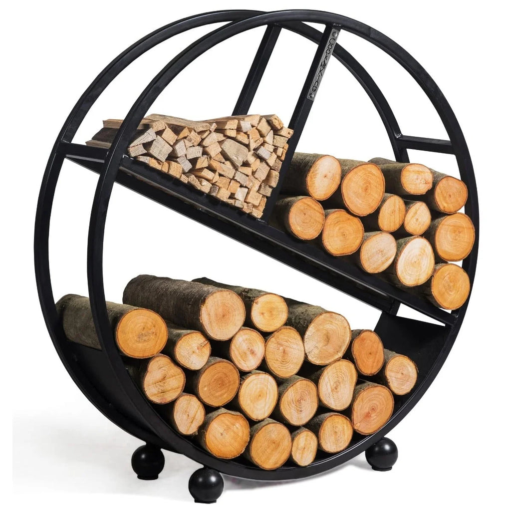 Porte-bûches en métal noir avec design à trois niveaux et pieds sphériques.