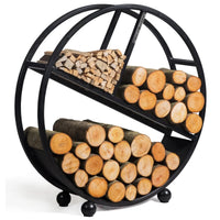 Porte-bûches en métal noir avec design à trois niveaux et pieds sphériques.