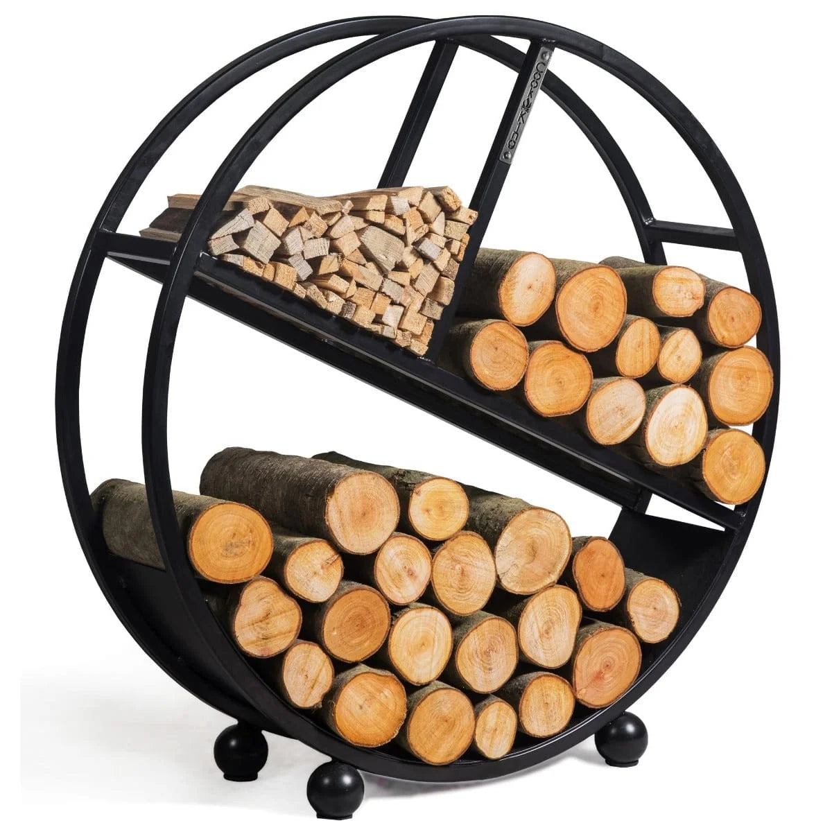 Porte-bûches en métal noir avec design à trois niveaux et pieds sphériques.