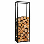 Support à bûches en métal noir avec des bûches empilées, design rustique.