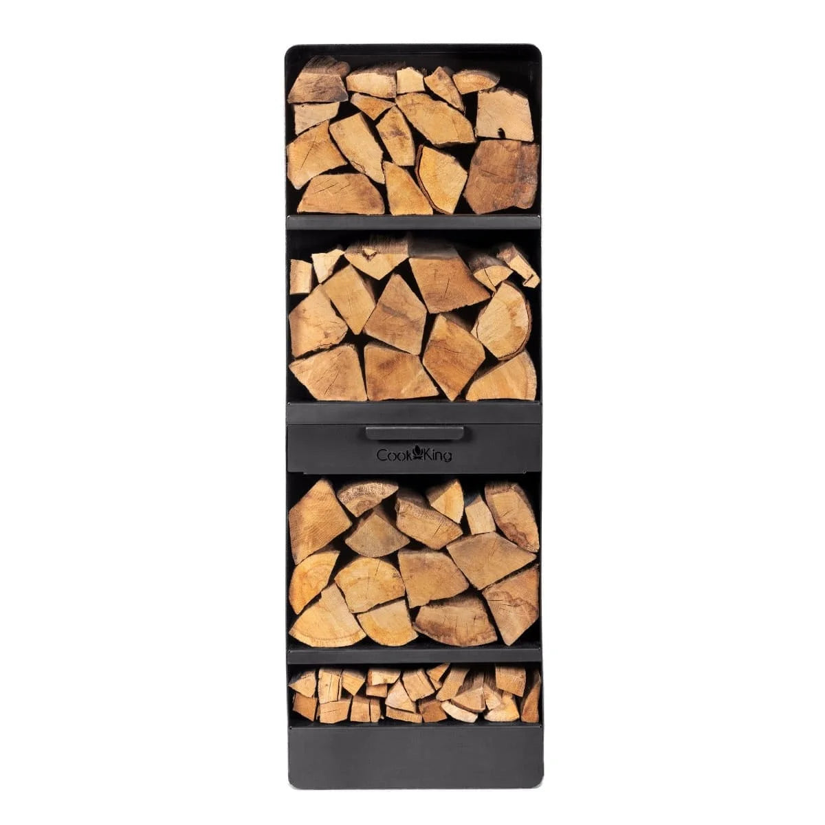 Rangement à bûches noir avec plusieurs compartiments pour le stockage et l’organisation des bûches.