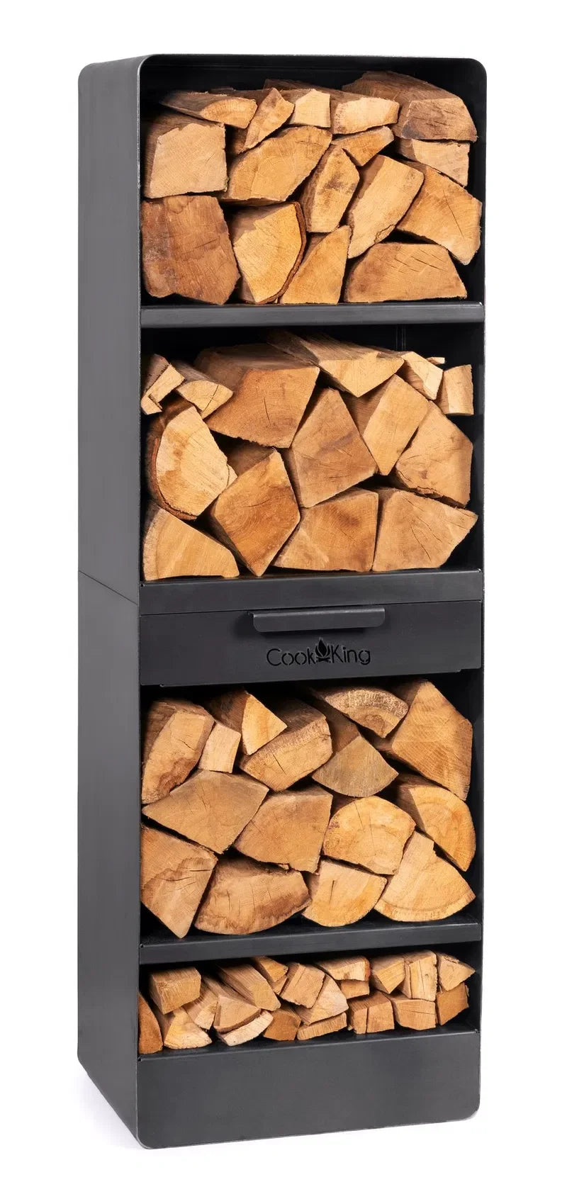 Unité de rangement pour bois de chauffage noir à 4 étagères avec poignées métalliques et un design moderne.