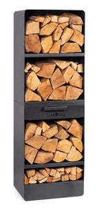 Unité de rangement pour bois de chauffage noir à 4 étagères avec poignées métalliques et un design moderne.