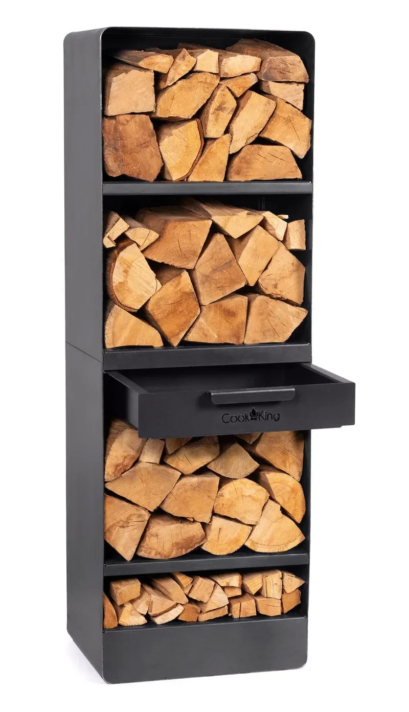 Unité de rangement pour bois de chauffage en gris anthracite avec plusieurs compartiments et un tiroir coulissant.