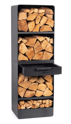 Unité de rangement pour bois de chauffage en gris anthracite avec plusieurs compartiments et un tiroir coulissant.